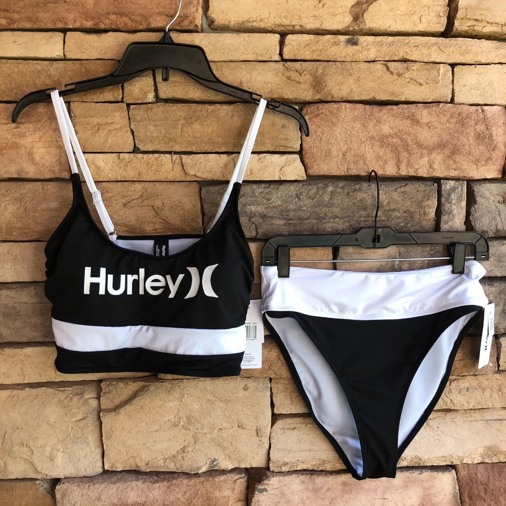 Hurley black white logo bikini swimsuit NWT Women Large & XL